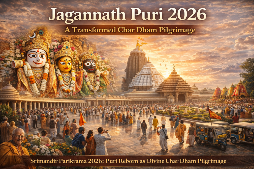 Jagannath Puri 2026 with Srimandir Parikrama Heritage Corridor, devotees near Jagannath Temple and Rath Yatra scene in Odisha