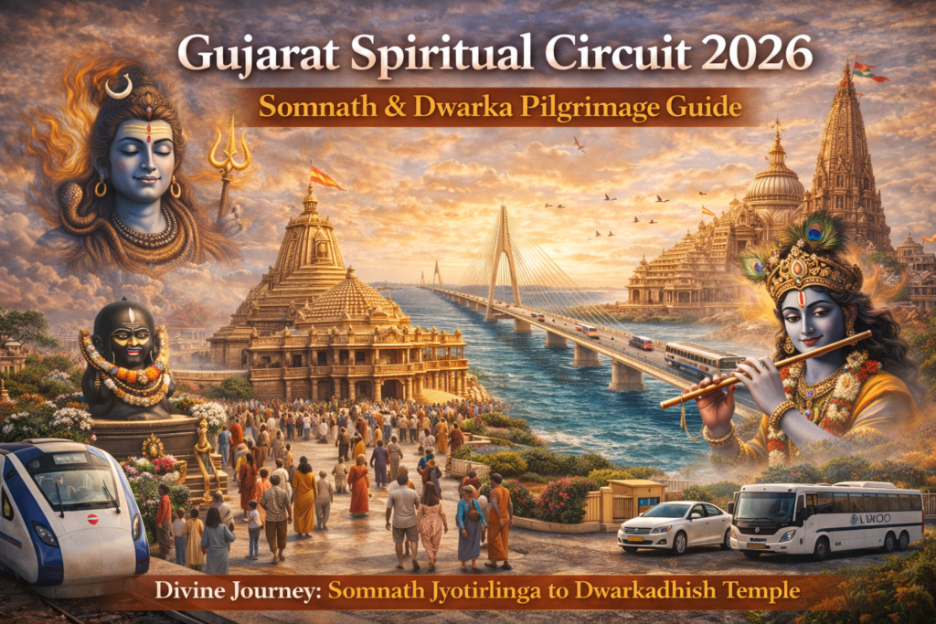 Somnath Jyotirlinga and Dwarkadhish Temple Gujarat Spiritual Circuit 2026 with Sudarshan Setu bridge and pilgrims